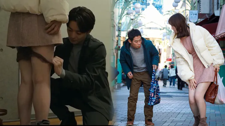 小池徹平脫下篠田麻里子內褲並罰她上街（左圖），她害羞地內八字走路，不料遇到老公伊藤淳史（右圖）。翻攝朝日電視台