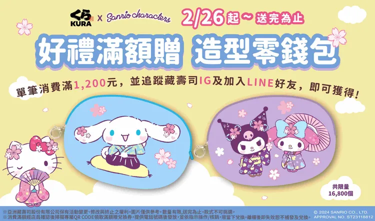 藏壽司三麗鷗「造型零錢包」、「Hello Kitty 手提袋」2/26起全台限量開換。業者提供