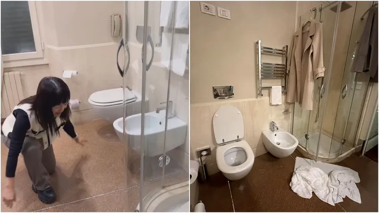 日前作家黃大米抱怨說，她參與加利利旅行社高價歐洲團，結果入住旅館淋浴間門無法密合，洗完澡都要跪地擦拭廁所地面，簡直像是灰姑娘。翻攝自黃大米臉書