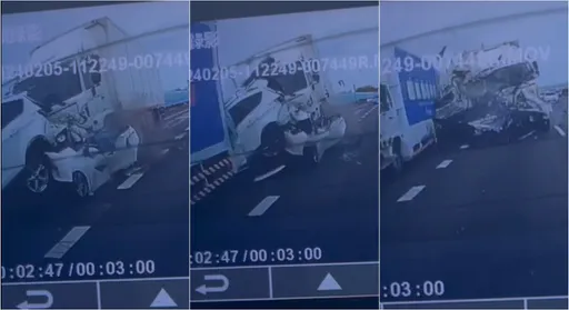 無處逃！國道2轎車被大貨車「擠壓後衝出翻滾」驚悚8秒曝光