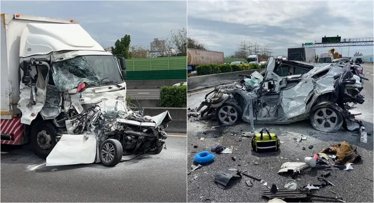 3部大貨車與2部自小客車追撞成一團，已造成1死1重傷。翻攝畫面