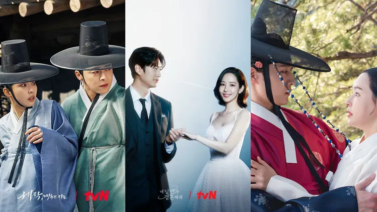 曹政奭與申世景主演的《魅惑之人》（左圖起）、羅人友與朴敏英的《和我老公結婚吧》、李荷妮和李鍾元合作的《夜晚盛開的花》目前都在熱播中。翻攝tvN、friDay影音提供