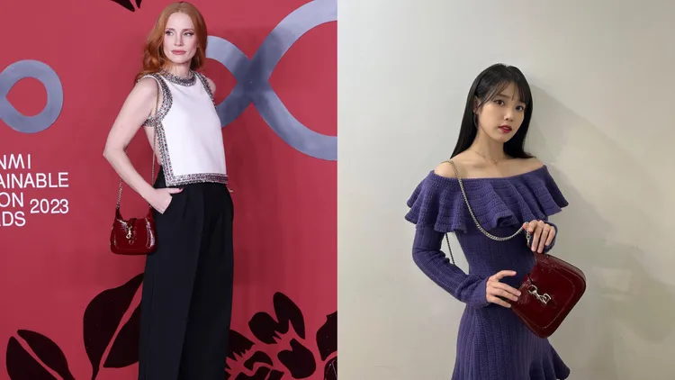 奧斯卡影后潔西卡雀絲坦（左圖）和韓星IU（右圖）不約而同背上GUCCI Jackie Notte紅色鍊帶包。翻攝IG