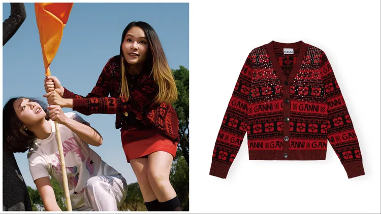 蝴蝶LOGO針織開襟衫（緋紅）1萬2800元。品牌提供