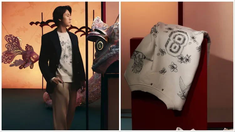 白色中性風棉製衛衣正面擁有梅花、龍等刺繡，背面則以數字8作為視覺亮點。品牌提供