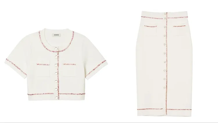 白色水鑽滾邊短袖上衣（左）9190元、白色水鑽滾邊長裙（右）9590元。品牌提供