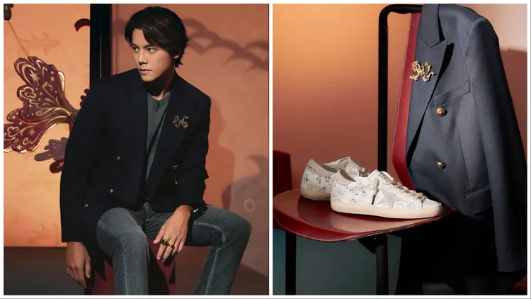 西裝外套透過古老金龍形胸針點綴增添精緻度。品牌提供