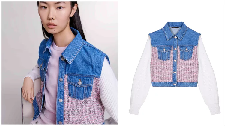 拼接單寧短版外套，1萬4290元。品牌提供