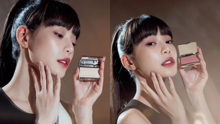 Model示範LUNASOL晶巧柔膚修容餅#04打亮（左圖），搭配#06增添好氣色。品牌提供