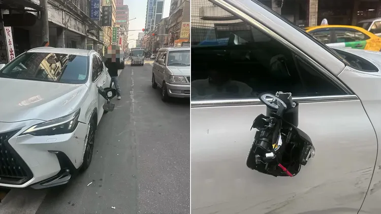 愛莉莎莎把自己的新車（右圖）和別人的新車（左圖）都撞壞了。翻攝自愛莉莎莎YouTube