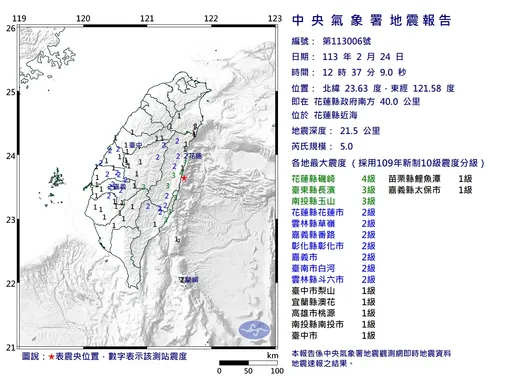 12：37花蓮規模5.0地震　最大震度4級