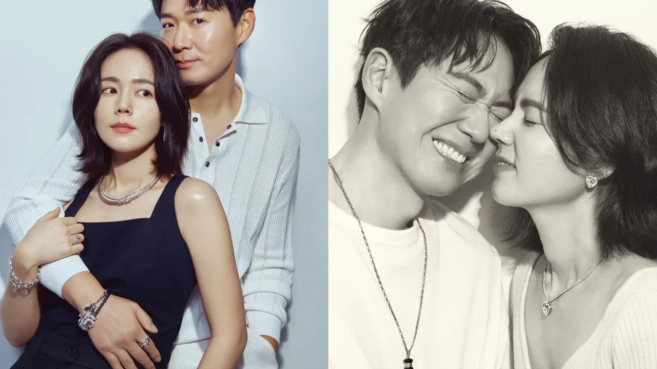 韓星韓佳人（左圖左、右圖右）和結婚19年的老公延正勳（左圖右、右圖左），為珠寶品牌FRED拍攝甜蜜畫報。翻攝韓佳人IG