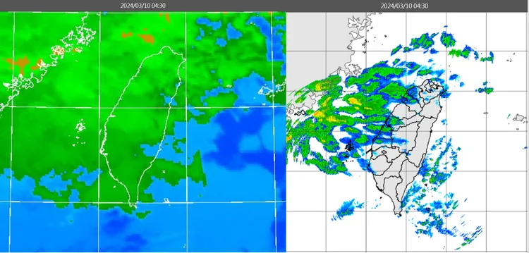 今(10日)晨4：30紅外線色調強化雲圖顯示，中層雲不斷移入(左圖)。4：30雷達回波合成圖亦顯示，中層雲伴隨弱回波(右圖)。取自氣象應用推廣基金會