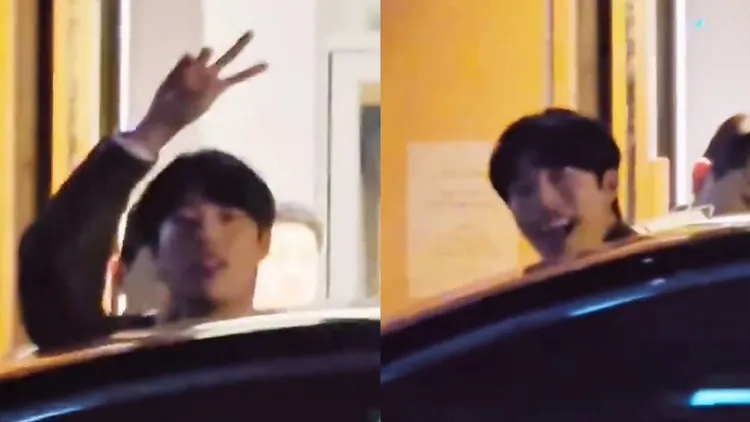 柳俊烈下班時看到守候的粉絲，露出開心的笑容。翻攝看韓影微博