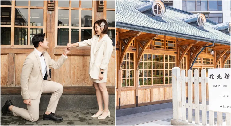 黃瀞瑩和老公甜蜜在新北投站車站合影。右翻攝自新北投車站臉書