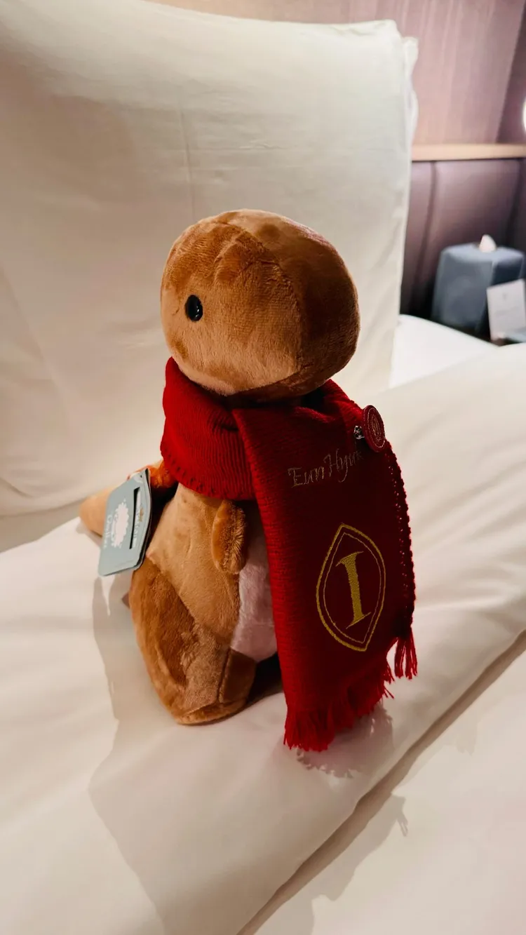 銀赫上傳飯店準備的棘龍玩偶，圍巾上還有銀赫的英文繡字。翻攝銀赫IG