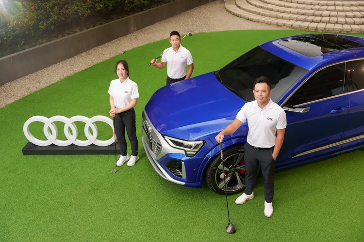 「Audi Golf League 揮出你的進化之路」邀請知名職業高爾夫球星為年度計畫拉開序幕，由左至右為高爾夫球員侯羽薔女士、高爾夫球員李玠柏先生、高爾夫球員詹世昌先生。業者提供