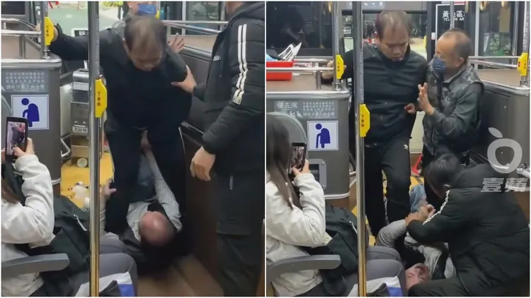 倒地灰衣男不甘受制，出手抓黑衣男下體「挽仙桃」(左圖)，後來有其他乘客趨前勸架。翻攝自臉書「爆廢1公社」
