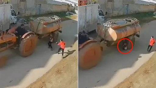 駭人片｜頑童路上嬉鬧衝向輪胎　被拖拉機「完全輾壓」奇蹟保命
