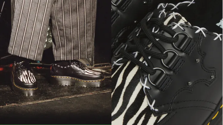 3孔繫帶鞋結合銀色鉚釘、交叉白色沿條、斑馬紋刷毛等元素。品牌提供