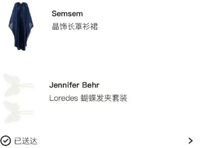 微博網友挖出汪小菲曾秀出他幫大S付帳的一系列衣服，其中Semsem晶飾長罩衫裙（上圖）及Jennfier Behr蝴蝶髮夾（下圖）疑似是她今天穿著佩戴的服裝及配件。翻攝汪小菲微博