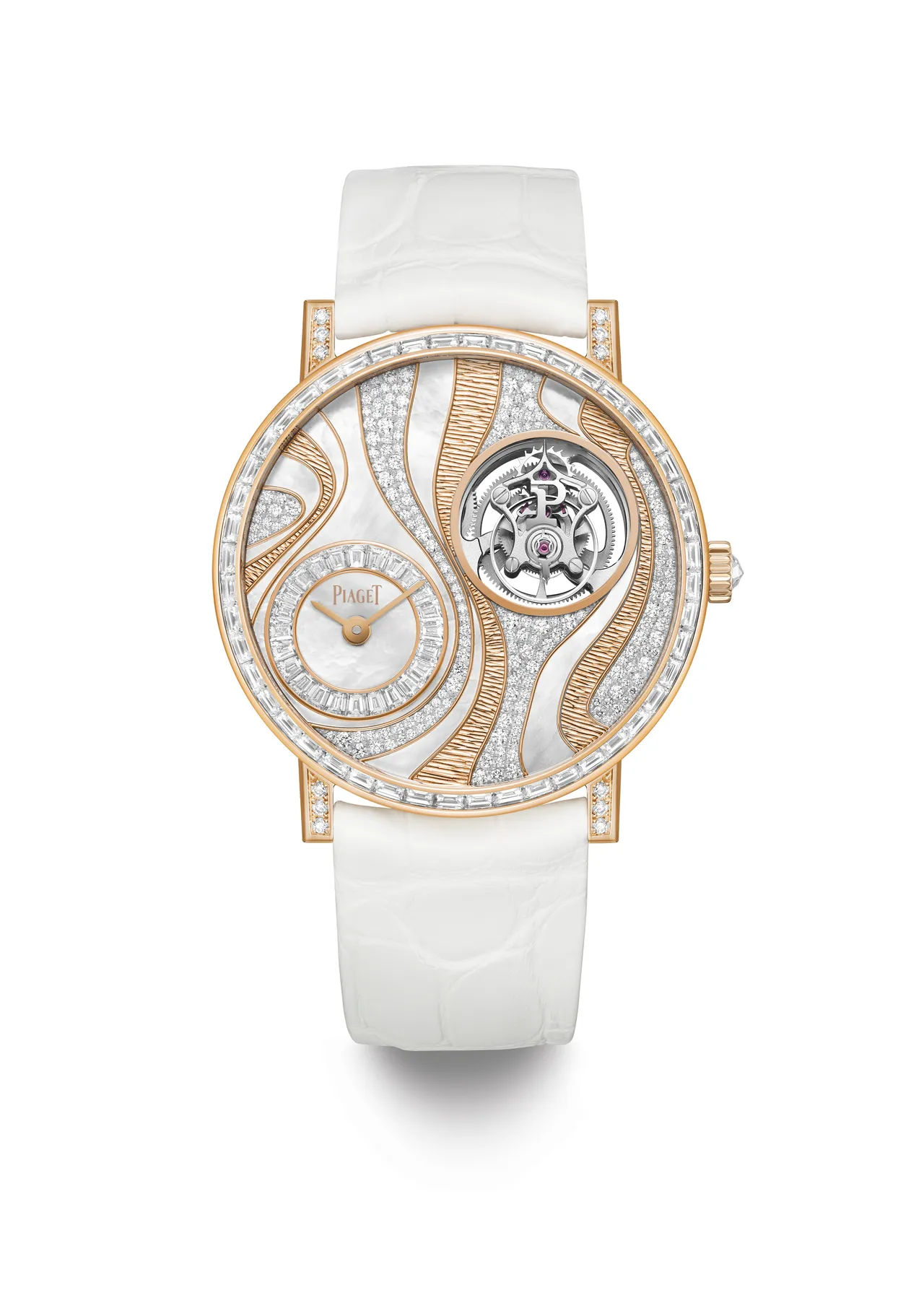 Altiplano Essentia 18K玫瑰金超薄手動上鏈陀飛輪工藝腕錶,41mm,18K玫瑰金錶殼,白色珍珠母貝錶面(鑲嵌72顆鵝卵石形切割美鑽,以及318顆圓形切割美鑽),白色鱷魚皮錶帶,自製670P超薄陀飛輪機芯,動力儲存48小時,全球限量8只,645萬元。品牌提供