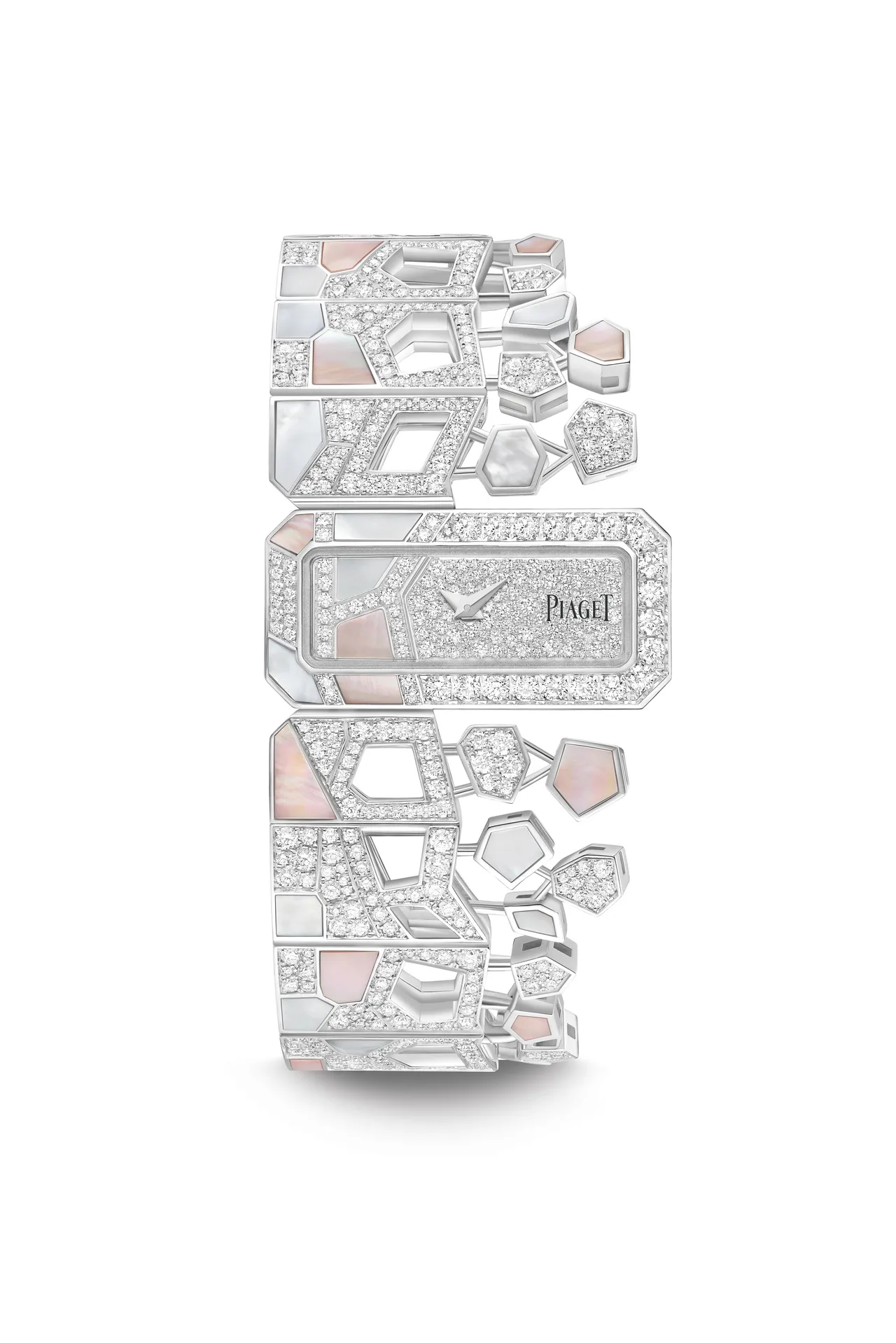 Roscida 18K白金珍珠母貝鑽石腕錶,18K白金、鑲嵌883顆圓形切割美鑽(總重6.42克拉)、粉色與白色珍珠母貝,搭載伯爵自製355P石英機芯,1030萬元。品牌提供