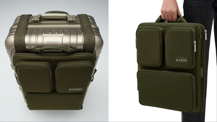 RIMOWA Travel Accessories 系列卡其綠登機箱行李掛袋，1萬8300元。品牌提供