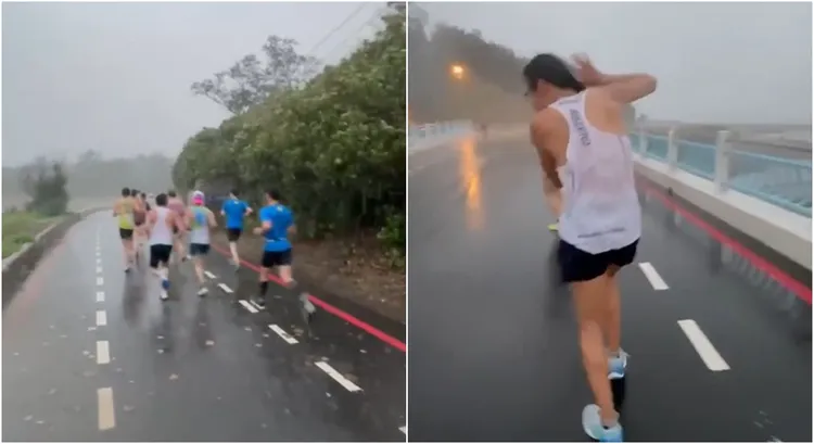 雨大到跑者們都難以前進，必須要用手擋雨。Tino chen提供