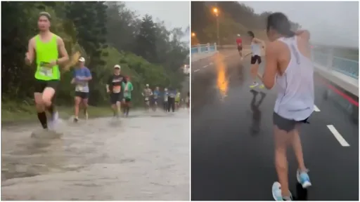 最慘馬拉松!桃園暴雨積水「路跑變溯溪」 勇者頂狂風涉水跑影片曝光