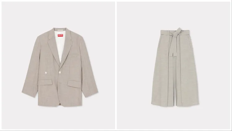和洋剪裁卡其灰寬版西裝外套（左）4萬800元、初剪毛呢卡其灰綁帶寬版九分褲（右）2萬8800。品牌提供