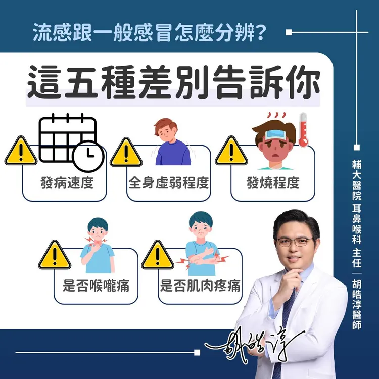 輔大醫院耳鼻喉科主任胡皓淳提出五點分別流感與一般感冒的差別。圖取自胡皓淳臉書
