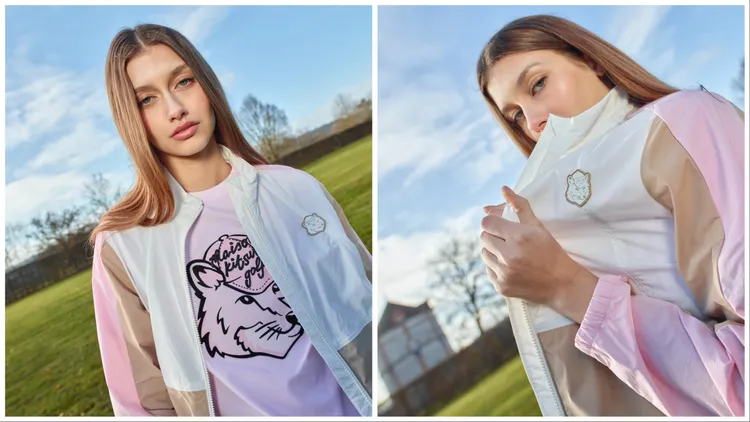 米白色塊高球狐狸頭防風外套，3萬1280元。品牌提供