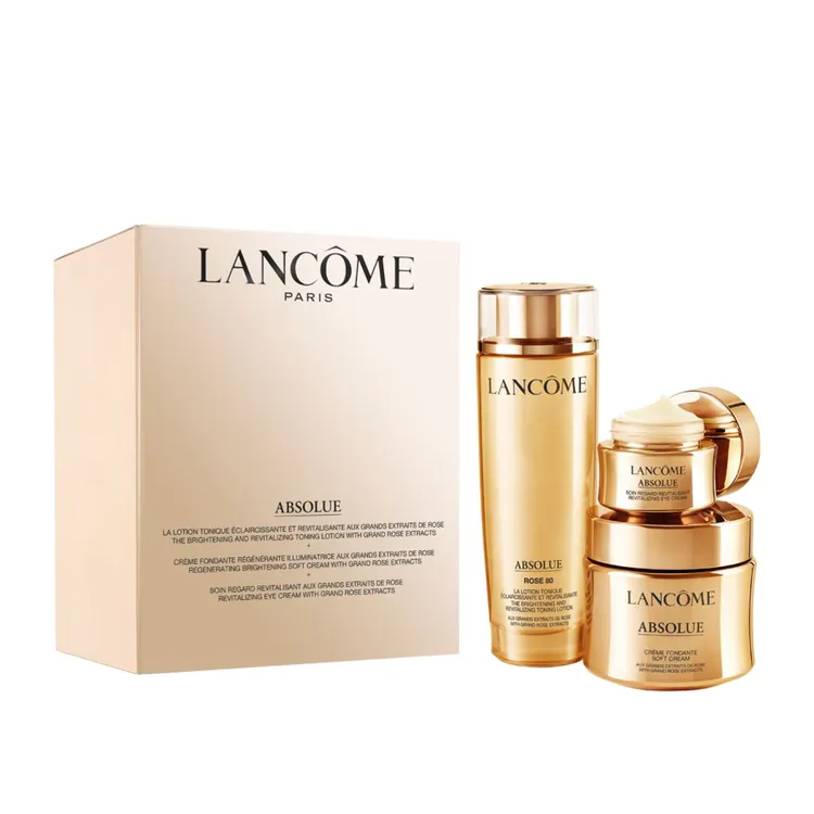 蘭蔻絕對完美黃金玫瑰奢潤新生護膚特惠組，免稅價新台幣2萬570元。昇恆商免稅購物網提供