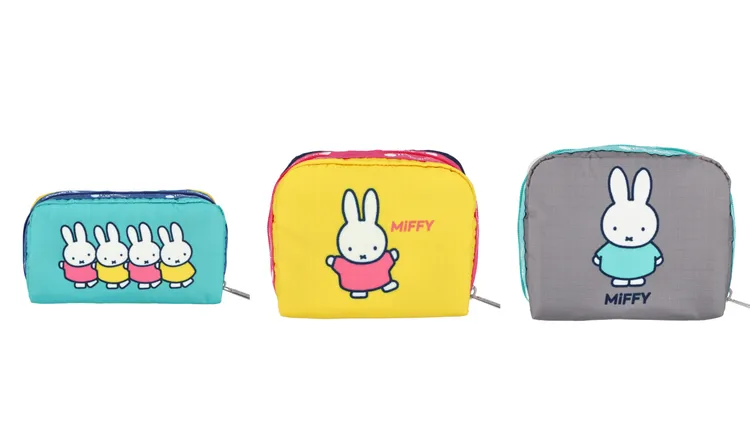 MIFFY米菲與朋友長形化妝包（左起）1800元、MIFFY藍黃兔臉方形化妝包1650元、MIFFY米灰兔臉方形化妝包1650元。品牌提供