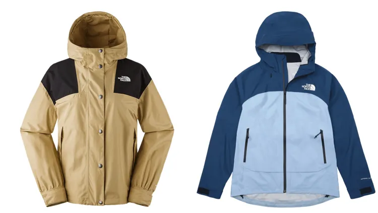 卡其色防水透氣衝鋒衣（左）7380元、女款藍色防水透氣連帽衝鋒衣（右）1萬8380元。品牌提供