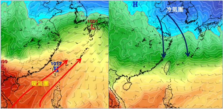 最新(2日20時)歐洲(ECMWF)模式、週二(5日)20時850百帕溫度模擬圖顯示，「高壓迴流」型態、明顯回暖(左圖)。週四(7日)20時850百帕溫度模擬圖則顯示，「大陸冷氣團」南下、明顯轉冷(右圖)。(圖擷自tropical tidbits)取自氣象應用推廣基金會