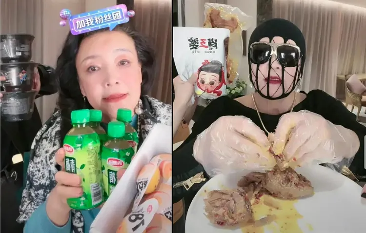 名場面2、3：張蘭賣滷蛋綠茶套餐、手撕兔頭（禿頭）。翻攝張蘭抖音