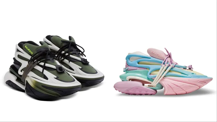 UNICORN低筒運動鞋軍綠漸層（左）、炫彩粉（右），各4萬6800元。品牌提供