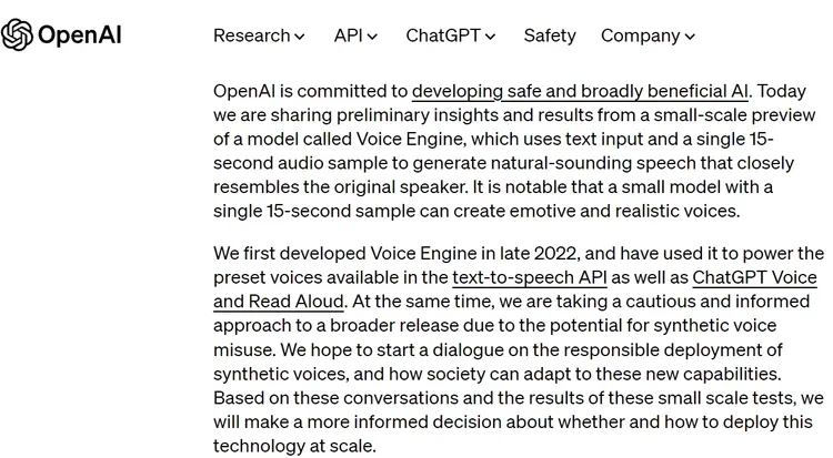 Open AI公司發佈「Voice Engine」訊息。翻攝自Open AI官網