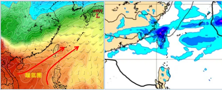 最新(4日20時)歐洲(ECMWF)模式，今(5)日20時850百帕溫度模擬圖顯示，暖氣團影響，白天「暖熱如夏」(左圖)。明(6)日20時地面氣壓及降水模擬圖顯示，中部以北明顯降雨，南部局部地區亦有零星降雨的機率(右圖)。(左圖擷自tropical tidbits)取自氣象應用推廣基金會