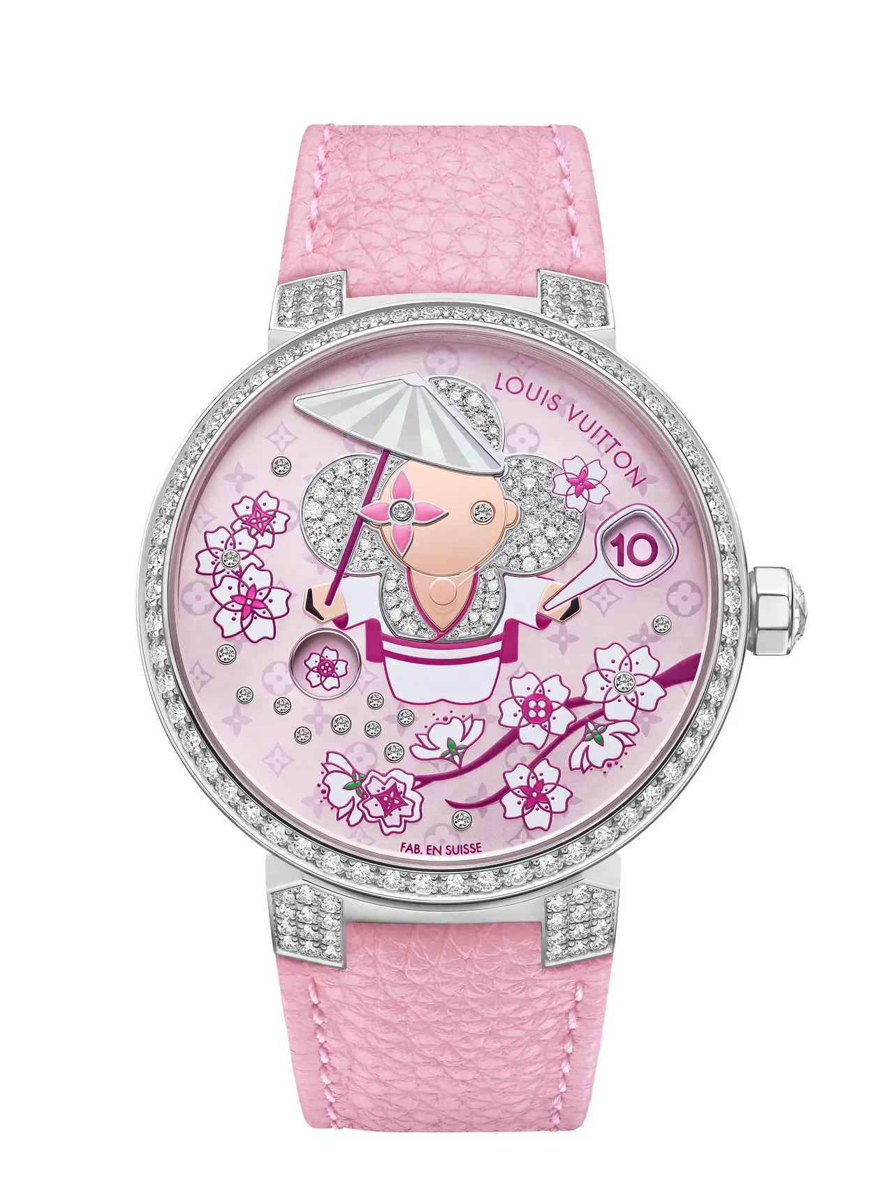 Tambour Slim Vivienne Jumping Hours櫻花款,38mm,18K白金錶殼鑲嵌明亮式切割鑽石,白色珍珠母貝錶面,粉紅色Taouillon皮革錶帶,LV 180自動上鍊機械機芯,動力儲存42小時,防水深度50米。品牌提供