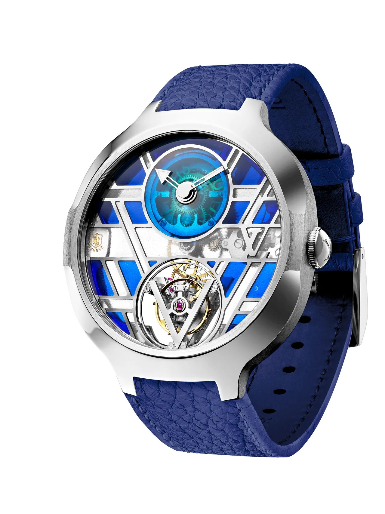 Voyager Flying Tourbillon “Poinçon de Genève” Plique-à-jour腕錶,41mm,950 鉑金和18K白K金錶殼,手工彩繪玻璃琺瑯錶面,海軍藍小牛皮錶帶,LV 104機芯,動力儲存80小時,防水深度50米,1075萬元。品牌提供