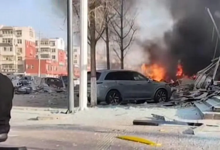 現場樓房炸成廢墟，有如戰場一般。翻攝微博/河北省廊坊三河市燕郊