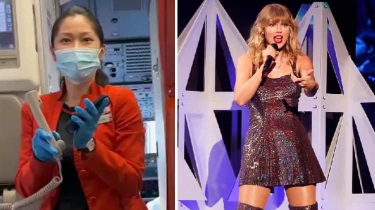 因為班機延誤，正妹座艙長（左圖，翻攝微博/江蘇無錫粉絲）在機上獻唱樂壇天后泰勒絲（右圖，路透社）的名曲之一《Love Story》。合成畫面