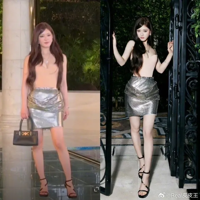 趙露思日前出席澳門凡賽斯宮殿酒店開幕活動，美照與未修圖對比。翻攝皮皮王微博