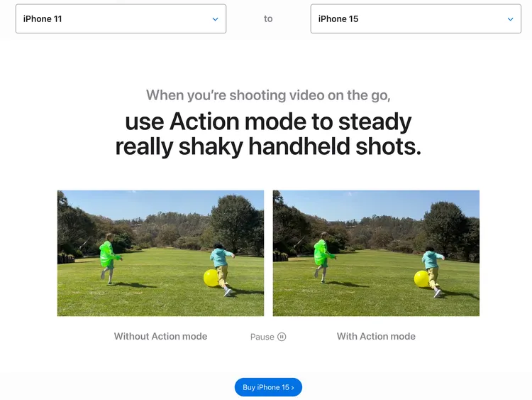 蘋果提供「Reasons to Upgrade」網頁讓用戶比較舊機與iPhone 15的不同。翻攝Apple官網。