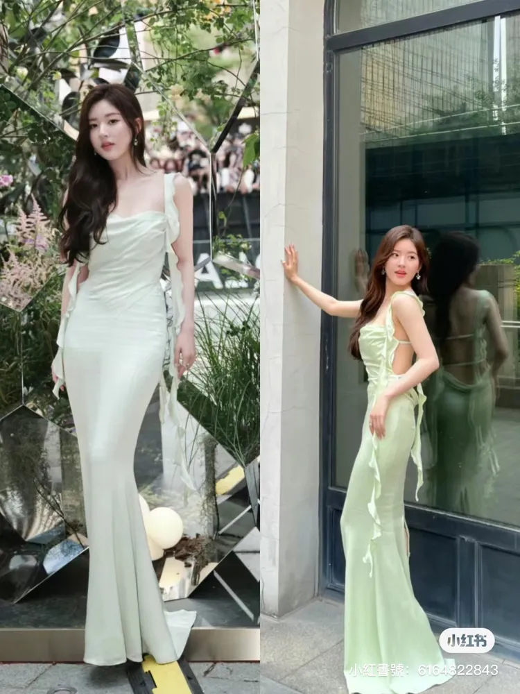 趙露思換上溫柔的淺綠色吊帶洋裝。翻攝魚七穿搭小紅書