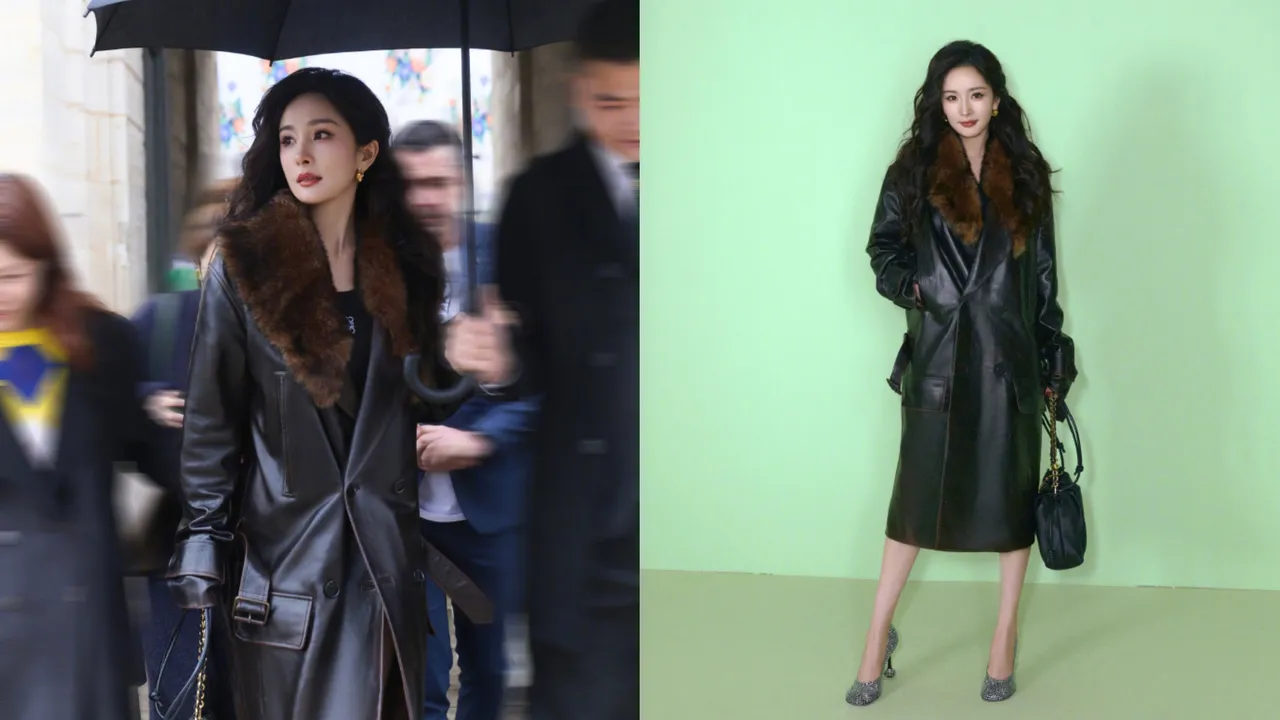 楊冪現身巴黎時裝周LOEWE秀場，變身貼心女霸總。翻攝楊冪工作室微博