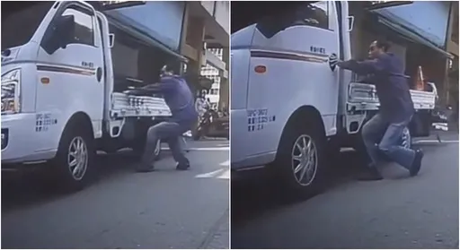 糊塗送貨司機忘拉手煞車 一下車待轉區機車騎士慘遭撞落地